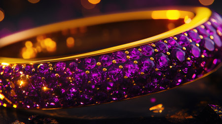 A breathtaking close-up view of a luxurious golden ring set with exquisite purple gemstones, highlighting the intricate design and vibrant sparkle.の素材