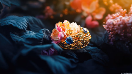 A stunning golden ring featuring delicate flowers and sparkling blue gems, set against a lush floral backdrop, capturing the essence of elegance and beauty.の素材