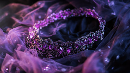 This stunning image features an elegant purple crown adorned with sparkling gemstones, displayed on dark fabric. The soft focus enhances its luxurious appeal.の素材