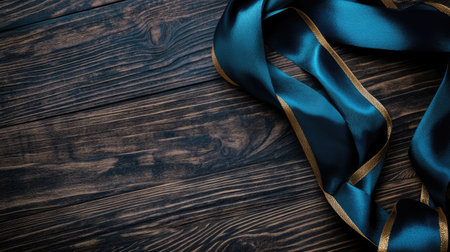 This image features an elegant blue satin ribbon with gold edging, artfully arranged on a rustic dark wooden surface, ideal for various creative design projects.の素材