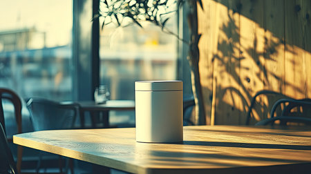 A minimalist white container sits elegantly on a wooden table, bathed in soft natural light. The shadows create a tranquil atmosphere perfect for relaxation.の素材