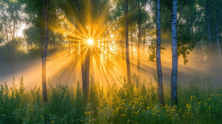 A breathtaking view of sunlight streaming through tall trees in a misty forest at dawn. The soft light creates a serene atmosphere perfect for nature lovers.の素材