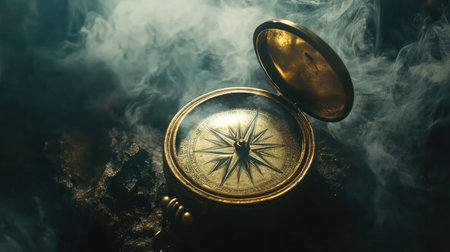An antique compass resting on a rocky surface, enveloped in swirling wisps of smoke. This captivating image evokes themes of exploration, adventure, and mystery.の素材