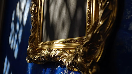 A stunning ornate golden frame is set against a rich blue wall, casting intricate shadows that enhance its beauty. Perfect for art enthusiasts.の素材