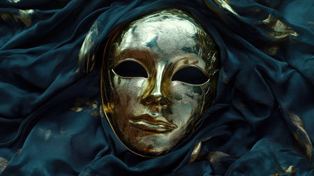 This visually striking image features a gold mask elegantly draped in rich dark fabric, evoking themes of mystery, artistry, and performance. Perfect for various creative concepts.の素材