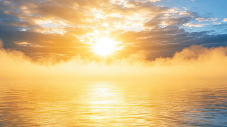 This stunning image captures a mesmerizing sunrise over calm water, where golden reflections mingle with gentle fog. The enchanting scene evokes tranquility and beauty.の素材
