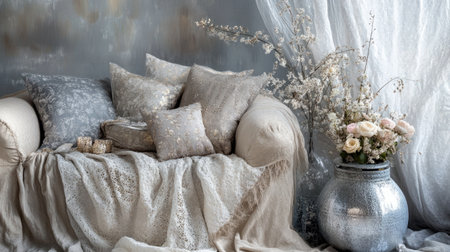 This serene living room scene features soft pillows, vintage decor, and an enchanting floral arrangement, creating an inviting atmosphere for relaxation.の素材