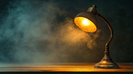 A vintage desk lamp casts a warm glow in a dimly lit room, creating a serene atmosphere filled with soft smoke. Perfect for decor inspiration.の素材