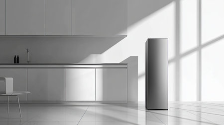 A modern minimalist kitchen featuring a sleek refrigerator bathed in soft natural light. The clean lines and monochrome colors create a serene and stylish environment, perfect for contemporary living.の素材
