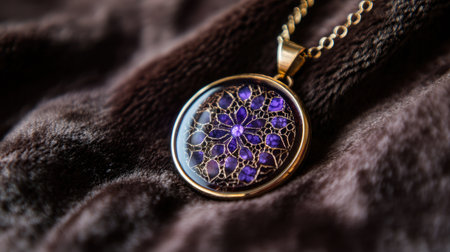 This captivating image features an elegant purple gemstone pendant with intricate detailing set against a soft, textured background, showcasing exquisite craftsmanship.の素材
