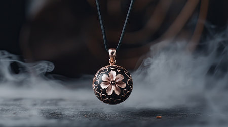 A striking vintage pendant featuring a detailed floral design, beautifully suspended in smoke against a dark background, capturing elegance and sophistication.の素材