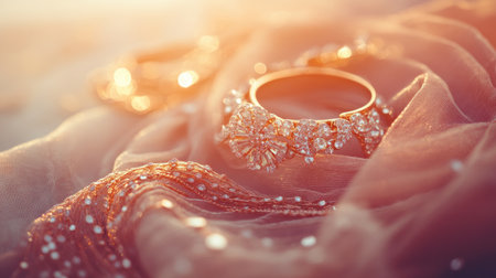 This captivating image showcases an elegant bracelet nestled among delicate fabric and sparkling accessories, illuminated by soft natural light, creating a romantic atmosphere.の素材