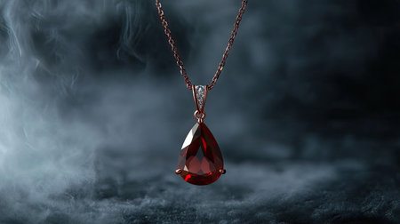 This captivating image showcases a striking red gemstone necklace suspended against a dark and moody backdrop, highlighting its exquisite details and elegance.の素材