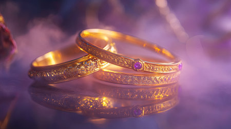 Two elegant gold rings adorned with purple gemstones rest on a mystical background, showcasing intricate designs and a captivating reflection.の素材
