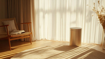 A beautifully arranged living room showcasing warm sunlight filtering through sheer curtains, creating a serene and inviting atmosphere with elegant furniture.の素材