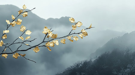 This artistic photograph captures a delicate branch with elegant golden leaves against a misty mountain backdrop, evoking tranquility and serenity.の素材
