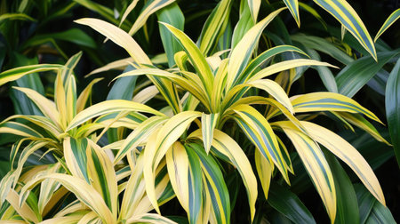 Discover a close-up view of vibrant tropical leaves featuring striking yellow and green patterns, ideal for nature-themed projects and decorations.の素材