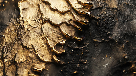 Captivating close-up of a textured surface with gleaming gold accents revealing intricate patterns, showcasing a striking contrast of color and light.の素材