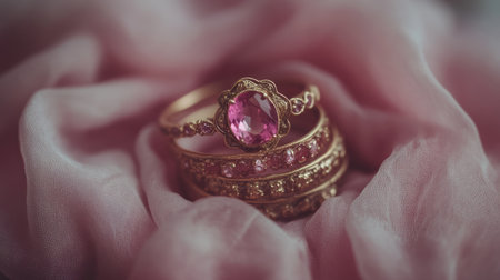 This stunning image features a set of elegant gold rings adorned with pink gemstones, beautifully displayed on soft pink fabric, creating a luxurious ambiance.の素材