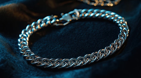 This close-up image features an elegant silver chain bracelet resting on a dark velvet surface, highlighted by soft blue lighting. The reflective metal enhances its luxurious appeal.の素材