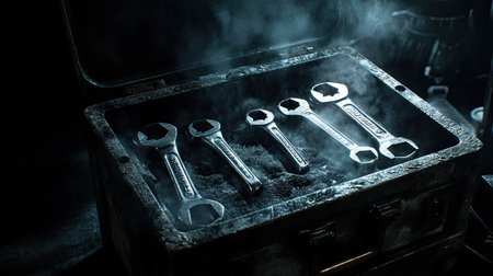 A captivating scene featuring vintage metal wrenches arranged in a rustic toolbox, surrounded by soft smoke and dramatic dim lighting, evoking timeless craftsmanship.の素材