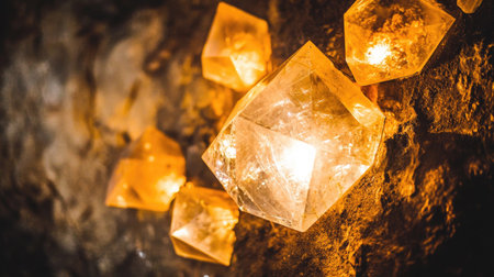 This captivating image features illuminated crystal geodes radiating warm orange light, set against a textured natural background, creating an enchanting atmosphere.の素材