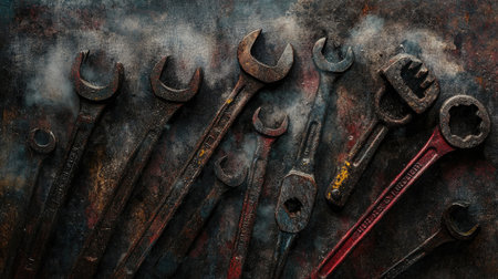 A collection of vintage closed end wrenches arranged on a textured rusty background, highlighting the beauty and history of mechanical tools in industrial settings.の素材