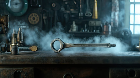 This detailed close-up features a wrench tool resting on a wooden workbench, surrounded by swirling smoke. The vintage workshop ambience evokes a sense of craftsmanship and industry.の素材