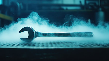 A gleaming metal wrench rests on an industrial surface, enveloped in mystic smoke. This striking image captures the essence of craftsmanship and repair, ideal for various creative projects.の素材