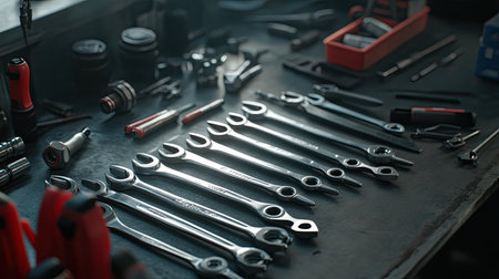 A meticulously organized collection of metal wrenches lays on a workshop table, illuminated by soft natural light, showcasing a variety of tools and accessories.の素材