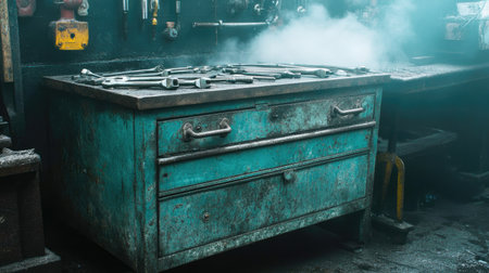 An aged industrial workbench with scattered tools, enveloped in smoke, evokes a gritty and authentic workshop atmosphere, capturing the essence of craftsmanship.の素材
