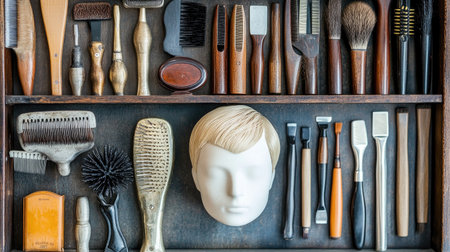 A neatly organized display of various hair styling tools, including combs, brushes, and a mannequin head, ideal for professional hairdressing and barbering.の素材