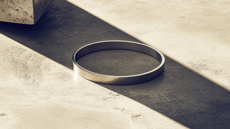 A stunning silver ring rests on a smooth surface, illuminated by gentle natural light. The play of shadows adds depth, highlighting its minimalist design and elegant form.の素材
