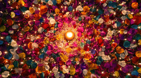 A stunning top-down view of colorful flower petals arranged in a mesmerizing pattern surrounding a flickering candle, evoking warmth and festive spirit.の素材