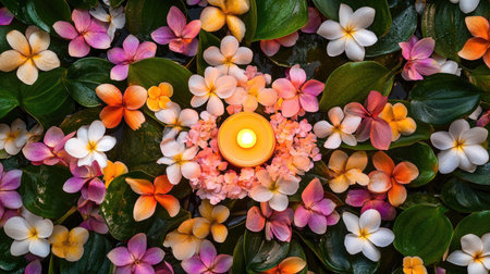 This vibrant floral arrangement features a soft light candle surrounded by colorful plumeria flowers and lush green leaves, perfect for relaxation and ambiance.の素材