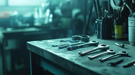 A detailed close-up view of metal tools and wrenches arranged on a workbench. Soft light and smoke effect create an industrial atmosphere.の素材