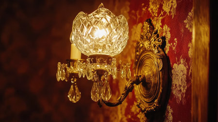 A beautifully crafted wall sconce featuring crystal accents radiates a warm glow, enhancing the vintage decor with its ornate design and rich colors.の素材