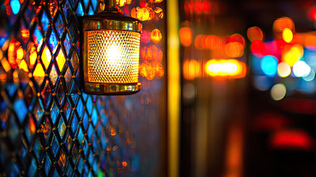 A close-up image of a warm light fixture casting reflections on a beautifully textured wall, creating an inviting atmosphere in an indoor space.の素材