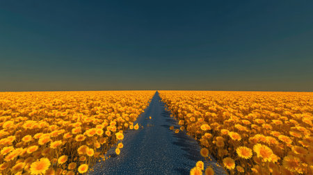 A breathtaking view of an endless sunflower field under a clear blue sky, showcasing the beauty of nature. The vibrant yellow flowers create a tranquil scene perfect for capturing the essence of summer.の素材