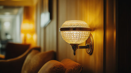 This image showcases an elegant wall sconce featuring a crystal shade, reflecting warm light and enhancing the sophisticated atmosphere of a luxurious interior.の素材