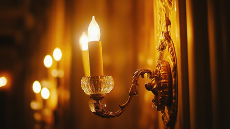 A stunning vintage wall sconce featuring warm glowing candle light, perfect for creating an elegant ambiance in a historic or classic interior setting.の素材