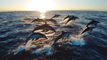 A captivating scene of dolphins leaping gracefully above the waves during a stunning sunset, showcasing the beauty and energy of marine life in a tranquil ocean setting.の素材