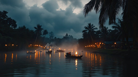 A serene evening scene featuring boats gliding on a misty river, illuminated by lanterns and surrounded by palm trees under a moody sky.の素材
