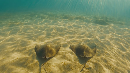 This captivating underwater scene captures two graceful stingrays gliding through clear waters over a sandy ocean floor, illuminated by gentle rays of sunlight.の素材