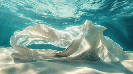 Captivating underwater image featuring a flowing fabric gracefully settled on soft sand, illuminated by gentle rays of light, showcasing serene beauty.の素材