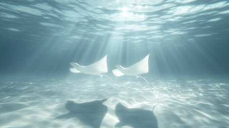 Two graceful rays glide through illuminated water, showcasing the tranquility of underwater life in a serene ocean environment filled with sunlight.の素材