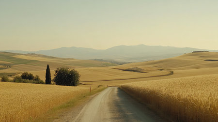 A peaceful dirt road winds through golden fields, surrounded by rolling hills and a soft evening light, inviting a serene escape into nature's beauty.の素材