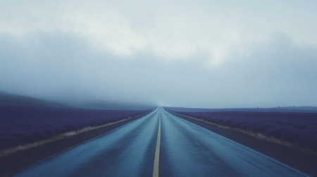 A tranquil road stretches through lush lavender fields, enveloped in soft fog and moody clouds, creating a beautiful and serene atmosphere.の素材