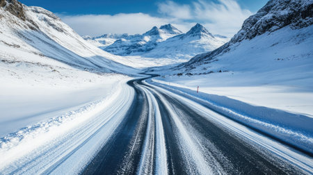 A stunning winter scene showcasing a winding road blanketed in snow, surrounded by majestic mountains under a clear blue sky, inviting travelers.の素材