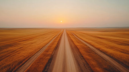 A captivating scene showcasing a dirt road leading through vast open fields at sunrise, with warm tones illuminating the landscape, evoking tranquility.の素材
